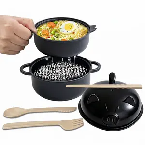 Large 45oz Cute Pig Ramen Cooker Wheat Straw Fiber Bowl Microwavable with Strainer Lid Non Slip Handle Spoon Chopsticks Fork Lightweight for Home Dorm College Kitchenware
