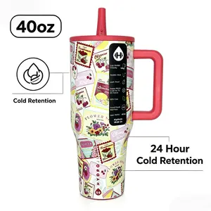 Hydrojug 40oz Insulated Stainless Steel Tumbler Water Bottle Flask - Stylish Cherry & Floral Sticker Print, Handle, Straw Lid, 24+ Hrs Cold Retention, Cupholder Friendly, BPA-Free, Portable Travel Use