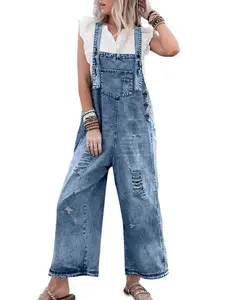 Women's Ripped Raw Hem Pocket Denim Overalls, Casual Comfy Wide Leg Overalls for Daily Wear, Denim Jumpsuit, Dungarees, Ladies Clothes for All Seasons, Jumpsuit for Women, Womenswear, Jumpsuitwomen, Sailors Dungarees