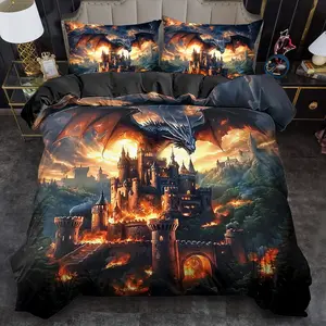 2/3pcs Duvet Cover Set, Fantasy Flame Dragon Print Down Duvet Cover Set, King Queen Size Bedding Set, Polyester Machine Washable, Quilt Decoration, Birthday Gift (Includes 1 Down Duvet Cover + 1 or 2 Pillowcases, No Duvet Insert)) thin comforter