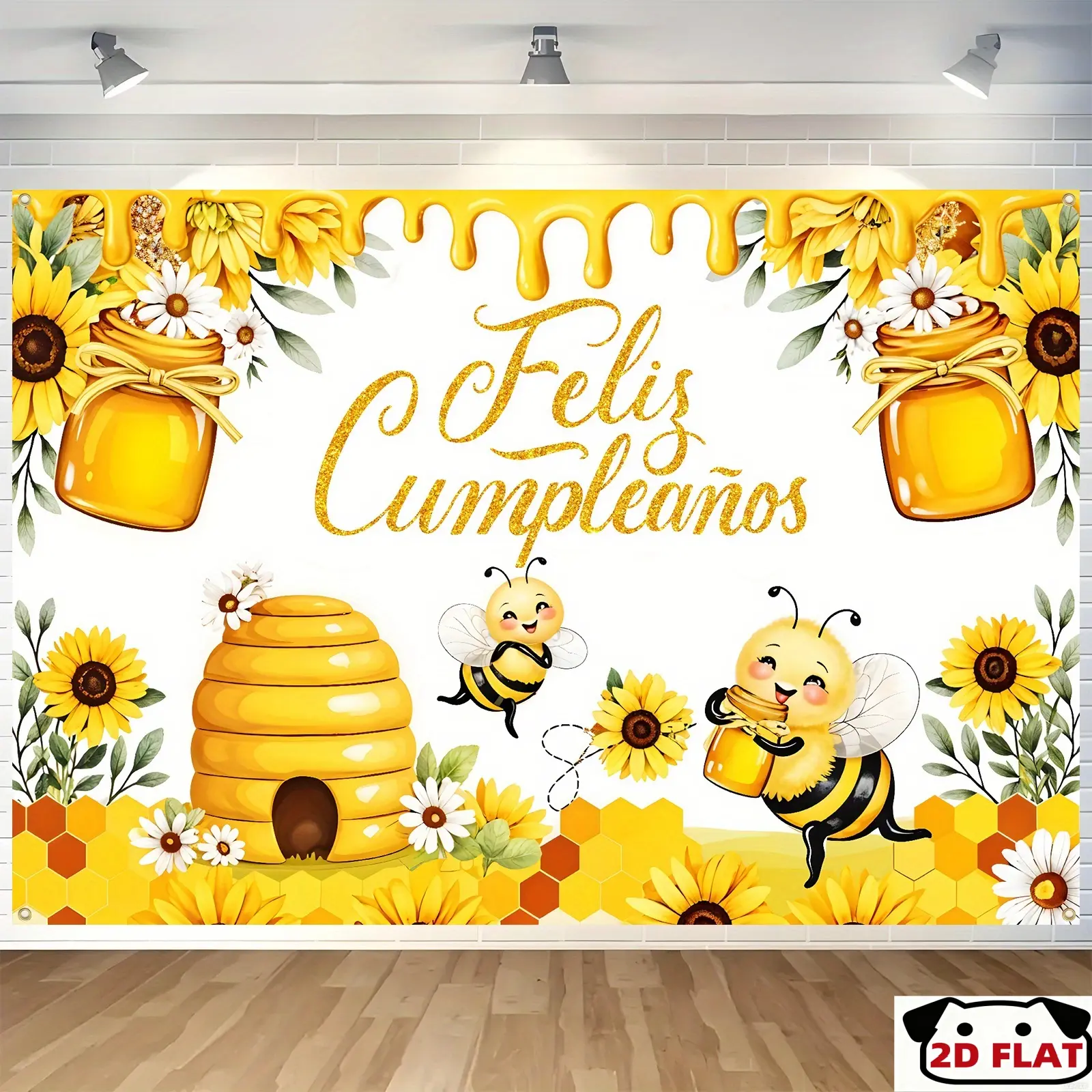 2D Flat Banner 1pc, Spanish Happy Birthday banner, Party Decoration Banner, Party Decorations Banners, Home Party Decorations & Supplies, summer bees honey pots yellow background patio sign, indoor/outdoor celebrations, celebrating birthdays