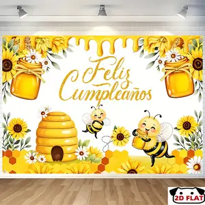 2D Flat Banner 1pc, banner, Spanish Happy Birthday banner, summer autumn bees honey pots yellow background patio sign, poster party supplies home decor, indoor/ outdoor celebrations, celebrating birthdays, birthday