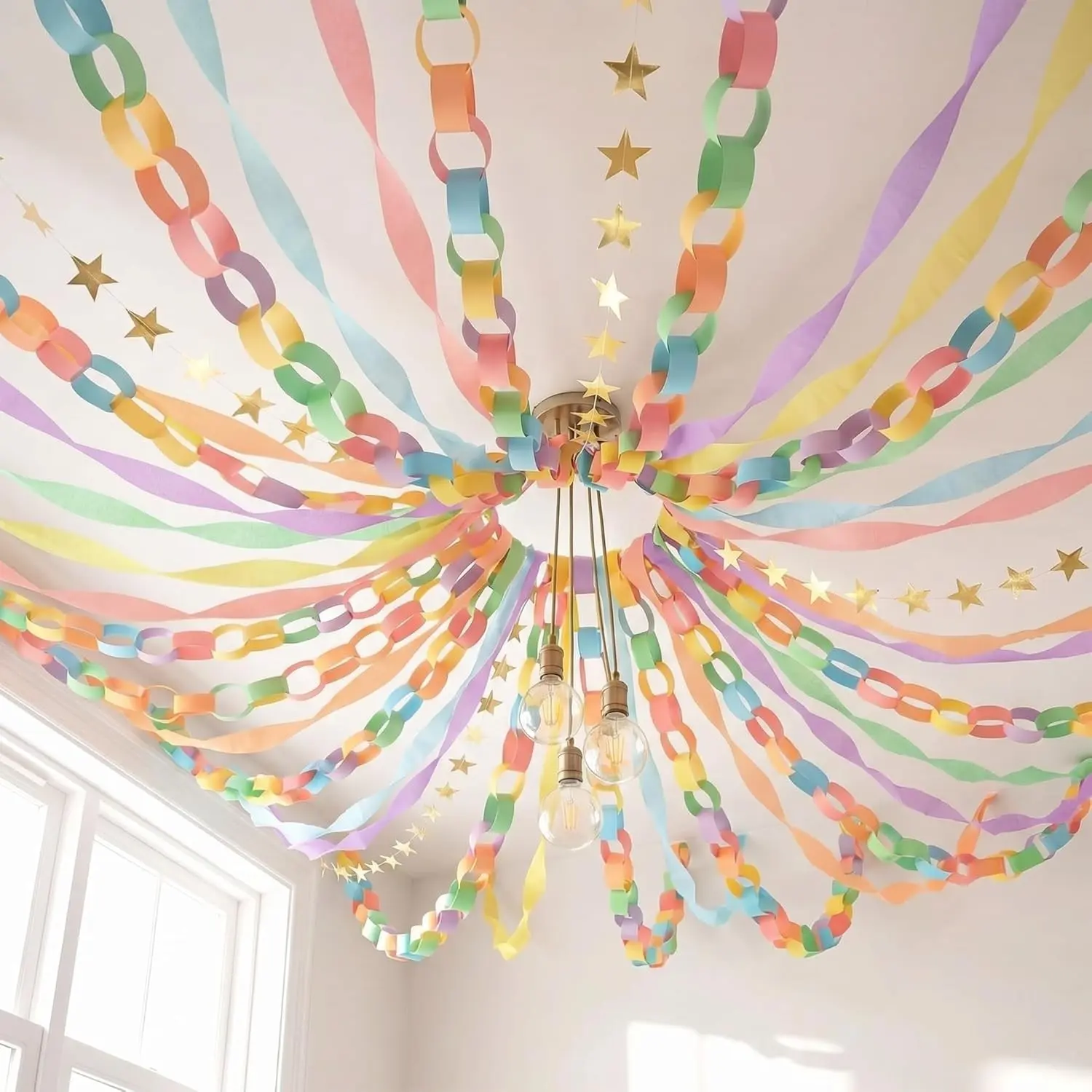 TaoBary Pastel Party Decorations 600 Sheet Paper Chain, Pastels, Same Size | Crepe Streamers for Ceiling Hanging, Paper Chain Links and Star Decorations, For Birthday Baby Shower Wedding Party Decor