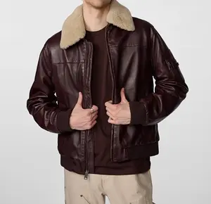 Men Aviator Leather Bomber Jacket with Fur Hood Brown