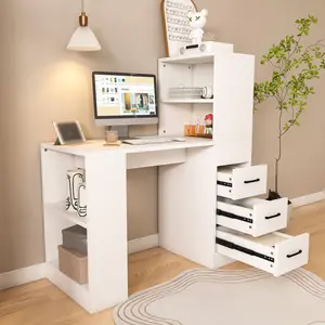 43'' Computer Desk with Power Outlets, Home Office Desk with 3-Drawers and Storage Shelves, Modern Writing Table PC Desk for Bedroom, Living Room, White