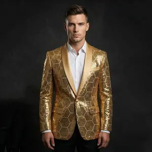 Pyiujtr Gold Honeycomb Sequin Blazer Men's Luxury Party Stage Jacket with 3D Sparkle Effect & Satin Shawl Lapel for Concerts Weddings & Prom