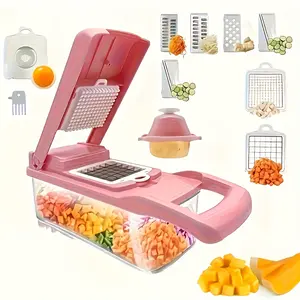 Multi-Functional 16-In-1 Chopper, Onion Chopper, Vegetable Slicer, Mincer, Vegetable Dicer with 7 Blades, Colander, Salad Potato And Carrot Dicer, Garlic Container, Vegetable Cutter, And Dicer, Pink Grater/Suitable for Home Cooking