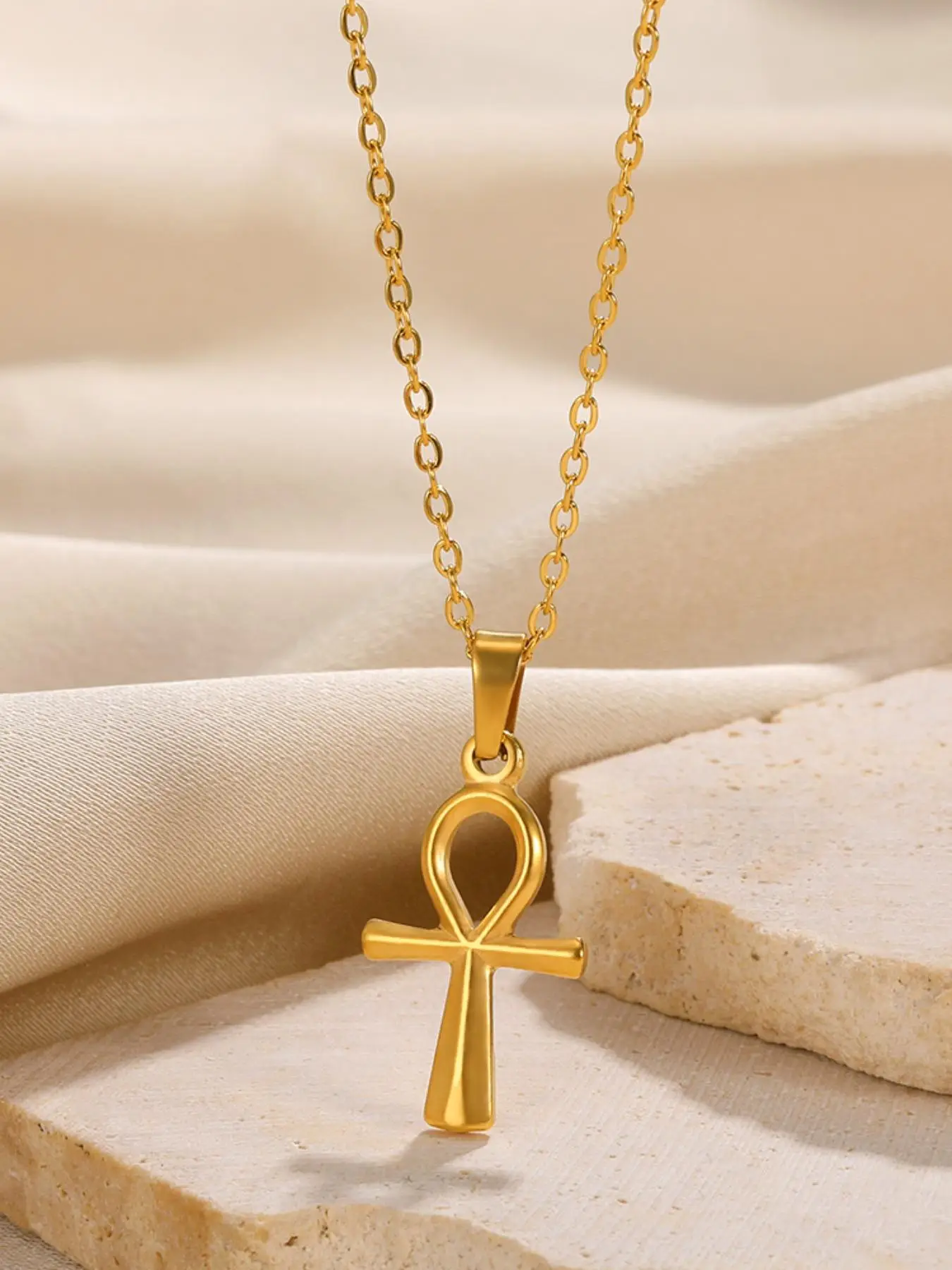 Vintage Style Stainless Steel Egyptian Ankh Pendant Necklace, Fashion Jewelry for Party, Daily Clothing Decor, Trendy All-match & Exquisite Jewelry fo