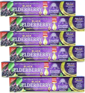 Black Elderberry Essential Toothpaste - 6.5 oz Pack of 6 | A Unique Blend of Black Elderberry, Babool, Grapefruit, Cardamom, Vitamin C