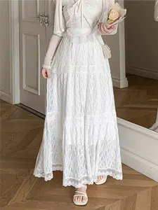 Spring Summer New Design Embroidery White Lace Fitted Skirt Princess Puffy Cake Skirt