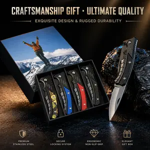 4 Piece Sports Camping Hiking Folding Knives Set with Sharp Blades Stainless Steel Handle Essential Tool Accessories for Men