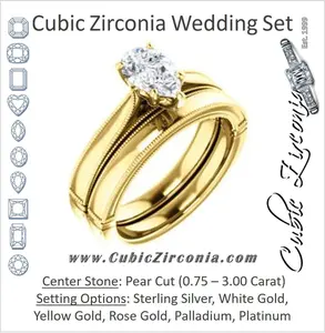 CZ Wedding Set, featuring The Britney engagement ring (Customizable Pear Cut Decorative-Pronged Cathedral Solitaire with Fine Milgrain Band)
