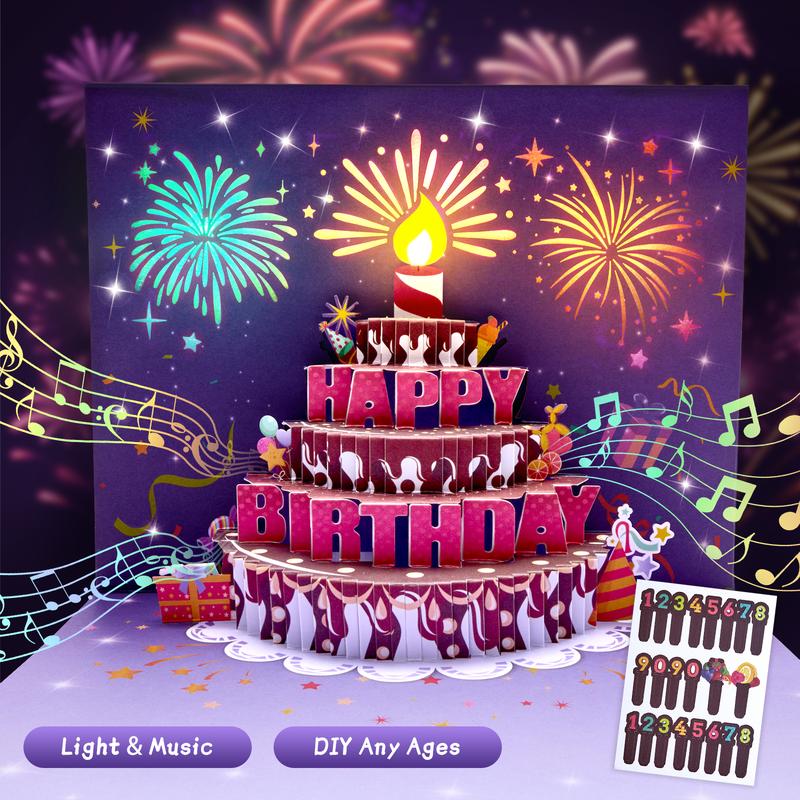 Happy Birthday Gift Card with DIY Number 1-99, Purple Birthday Card for Women with 3D Birthday Cake, Firework, Music, Envelope, Pop Up Greeting Card