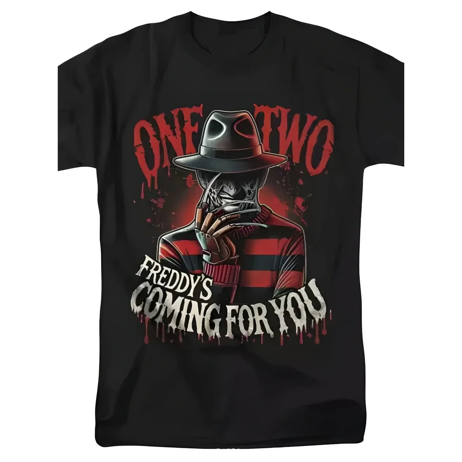 Men's Plus Size Vintage Cotton T-Shirt - Black 'One Two Freddy's Coming for You' Horror Graphic Print, Soft Breathable Crewneck Short Sleeve Tee for Summer, Outdoor, Travel & Fitness-DK.X