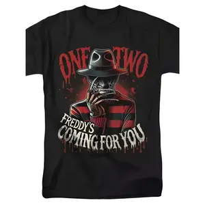 Men's Plus Size Vintage Cotton T-Shirt - Black 'One Two Freddy's Coming for You' Horror Graphic Print, Soft Breathable Crewneck Short Sleeve Tee for Summer, Outdoor, Travel & Fitness