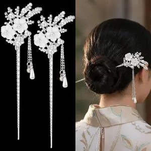 Chuangdi 2 Pcs Chinese Hair Sticks for Women Rhinestone Silver Hair Chopsticks Vintage Japanese Hairpin Pearl Tassel Flower Hairstick Traditional Hanfu Metal Chignon Bun Updo Holder for Hairstyle