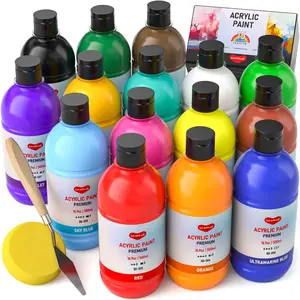 15 Colors Large Acrylic Paint Set (16.9 oz,500 ml), Bulk Acrylic Paint NonToxic Art Painting Supplies on Multi Surface Canvas Wood Craft Fabric Rock for Artist Beginner with Color Wheel