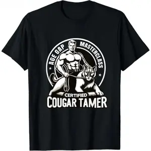 Funny Inappropriate Humor Certified Cougar Tamer Gag Graphic Short-Sleeve Casual Round Neck Sports Top, Made in USA