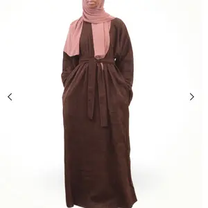 (Final Sale) Chocolate Corduroy Fall Winter Abaya with Pockets and Hijab size 62