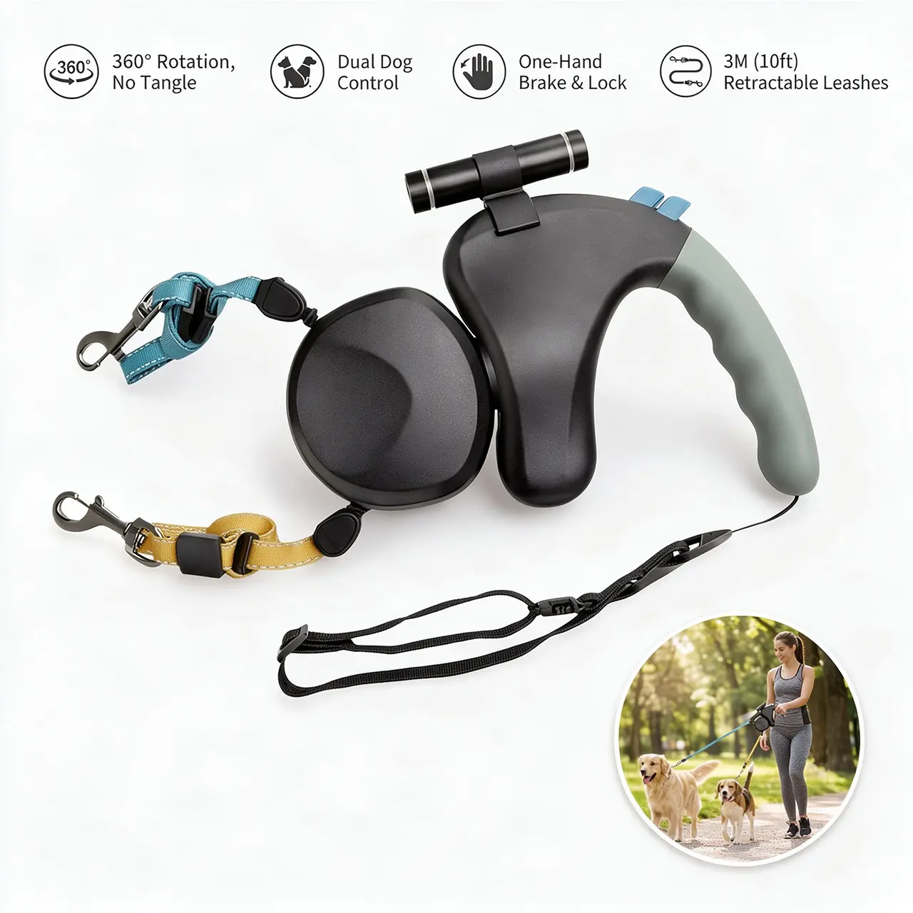 Chew-Resistant Nylon Dual-Pet Retractable 2-in-1 No-Pull Universal Fit Lead, Heavy-Duty Anti-Tangle Pet Walking Leash with Built-in LED Light for Small to Medium Dogs