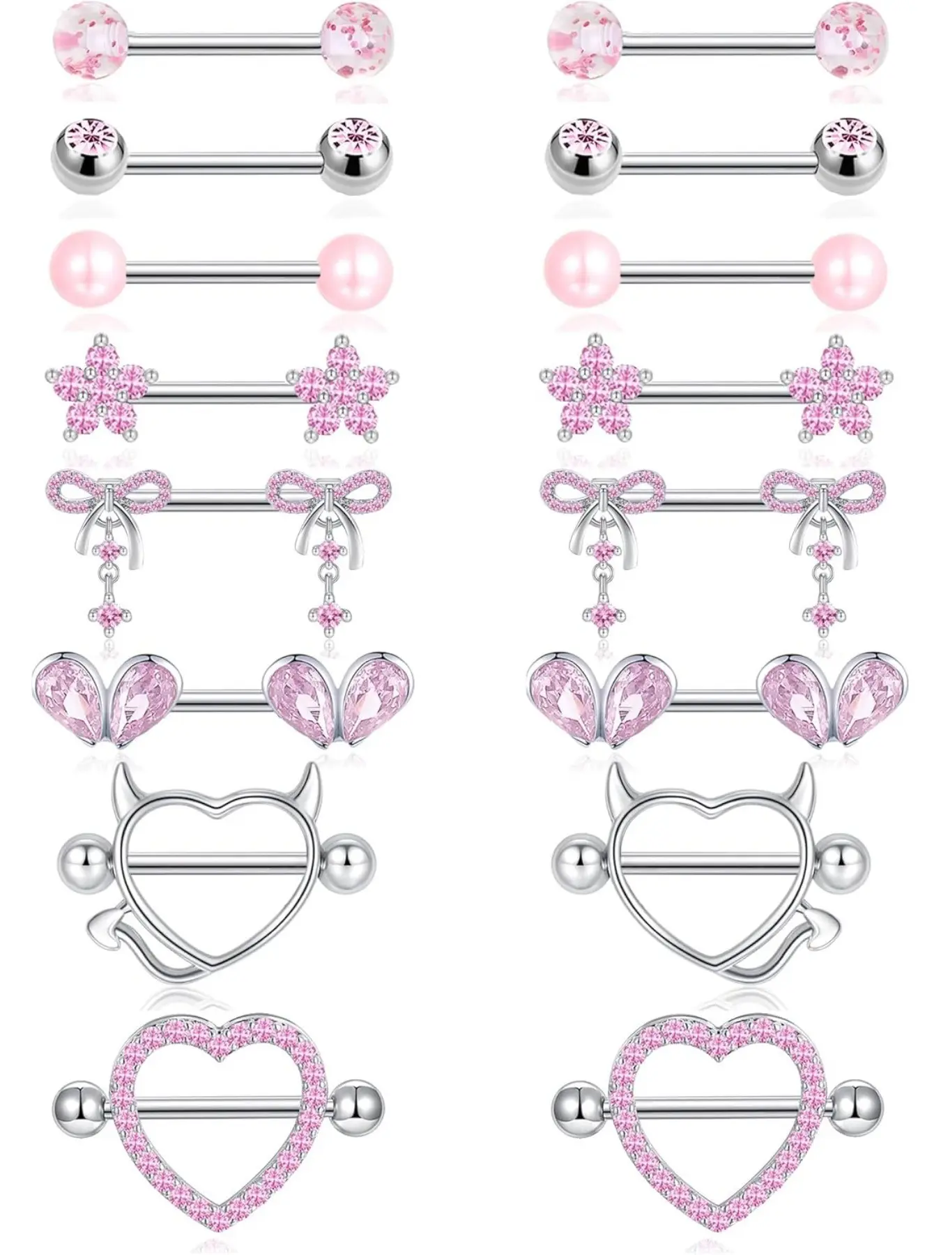 8 Pairs Nipple Rings 14G Stainless Steel Zircon Inlaid Bow CZ Ball Flower Devil Heart Pearl Straight Barbell Tongue Ring Nipplerings Piercing Jewelry Fashion Body Jewelry for Women Pink Silver Tone 16mm Sparkling Zircon Inlay Body Piercings Set