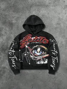 Unisex Street Style Streetwear Hoodie, Casual Fitted Long Sleeve Top, Trendy Fashion American Eye Graphic Print, Short Hooded Sweatshirt for Fall & Winter