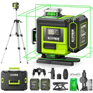 Alloyman 4 × 360° Laser Level with Tripod, Self Leveling Laser Level, 2*Battery&Carrying Bag Included, Nivel Laser Green Line Lazer Leveler Tool for Picture Hanging, Home Renovation, Indoor Project