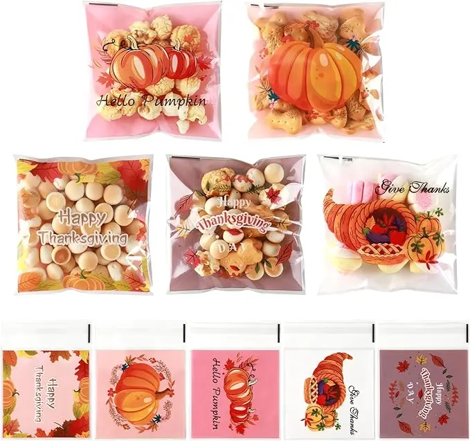 100 Christmas Self Seal Cellophane Bags - Clear Treat Bags For Cookies, Candy, Party Favors | 4 Holiday Designs, 10x10 Cm