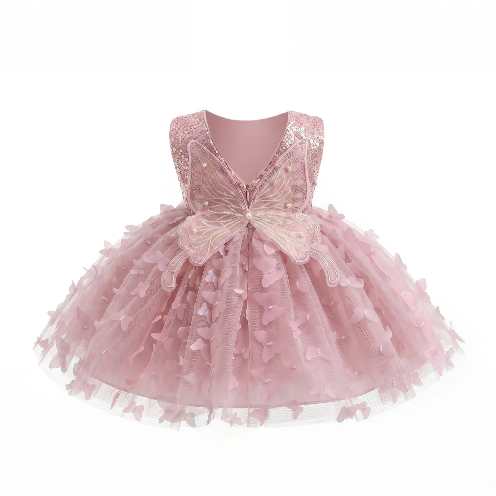 Toddler Girls Fairy Butterfly Princess Dress, Different Front & Back Design, Sparkle Sequin Bodice, 3D Butterfly Mesh Skirt, Kids Birthday Party Flower Girl Dress cute summer formal gown red