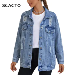 SCACTO Women's Ripped Fringe Denim Jean Jacket Casual Long Sleeve Pockets Boyfriend Oversize Style Soft Button-Up Coat Fashionable Womenswear