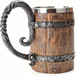 Faux Oak  Barrel  Mug, Medieval Retro  Stainless Steel Coffee Cup Stein Tankard,17oz/500ML Cup Mug,