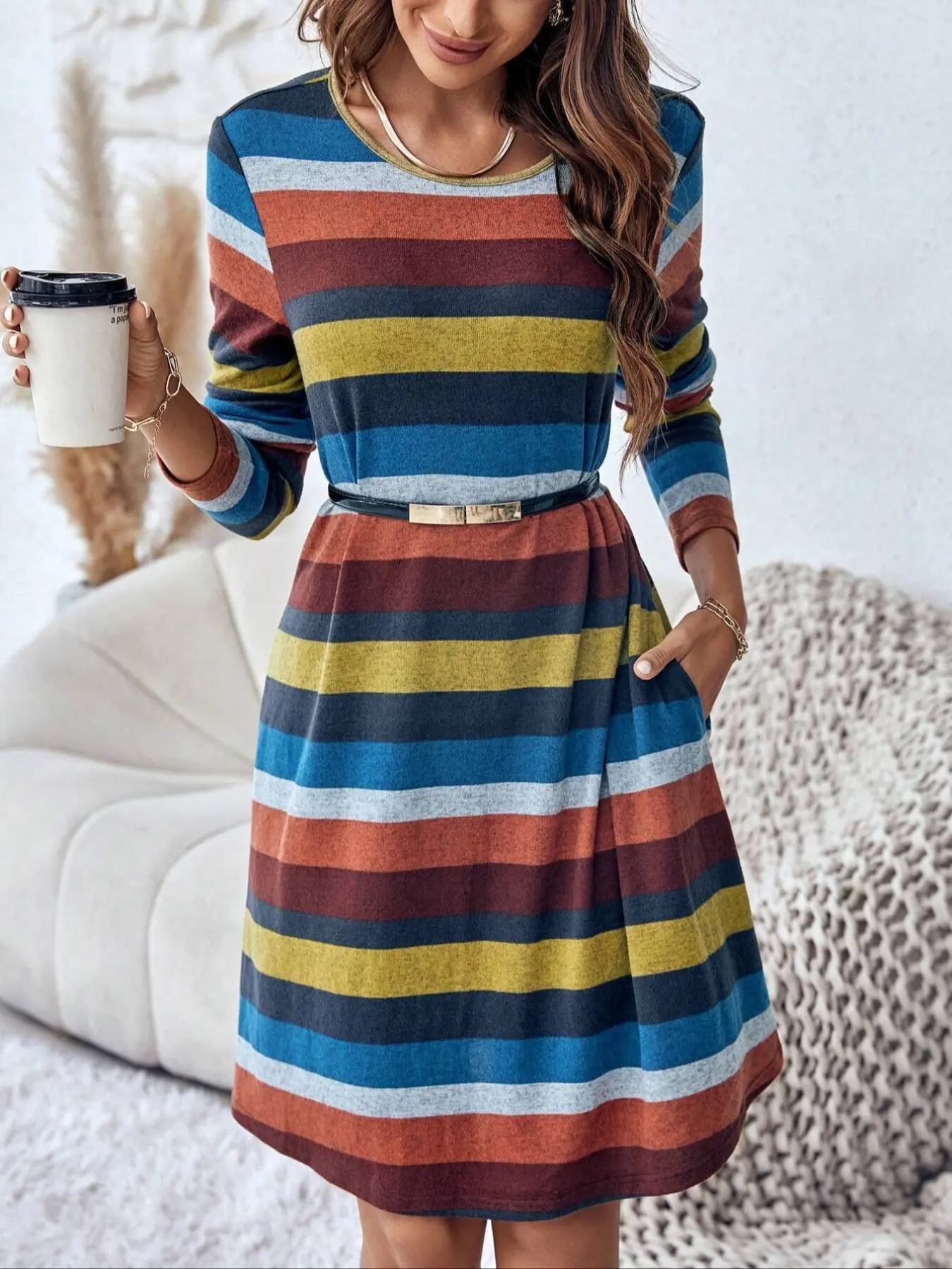 Women's Striped Long Sleeve Knit Dress, Loose-Fitting Mid-Length Slimming Dress, Casual Fashion for Spring & Fall Seasons