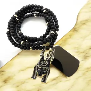 MaxBling81 Hematite-Plated Anubis Motif Dog Tag Pendant - 6mm 30" Wooden Bead Unisex Hip Hop Celebrity Style Animal-Theme Costume Jewelry Necklace