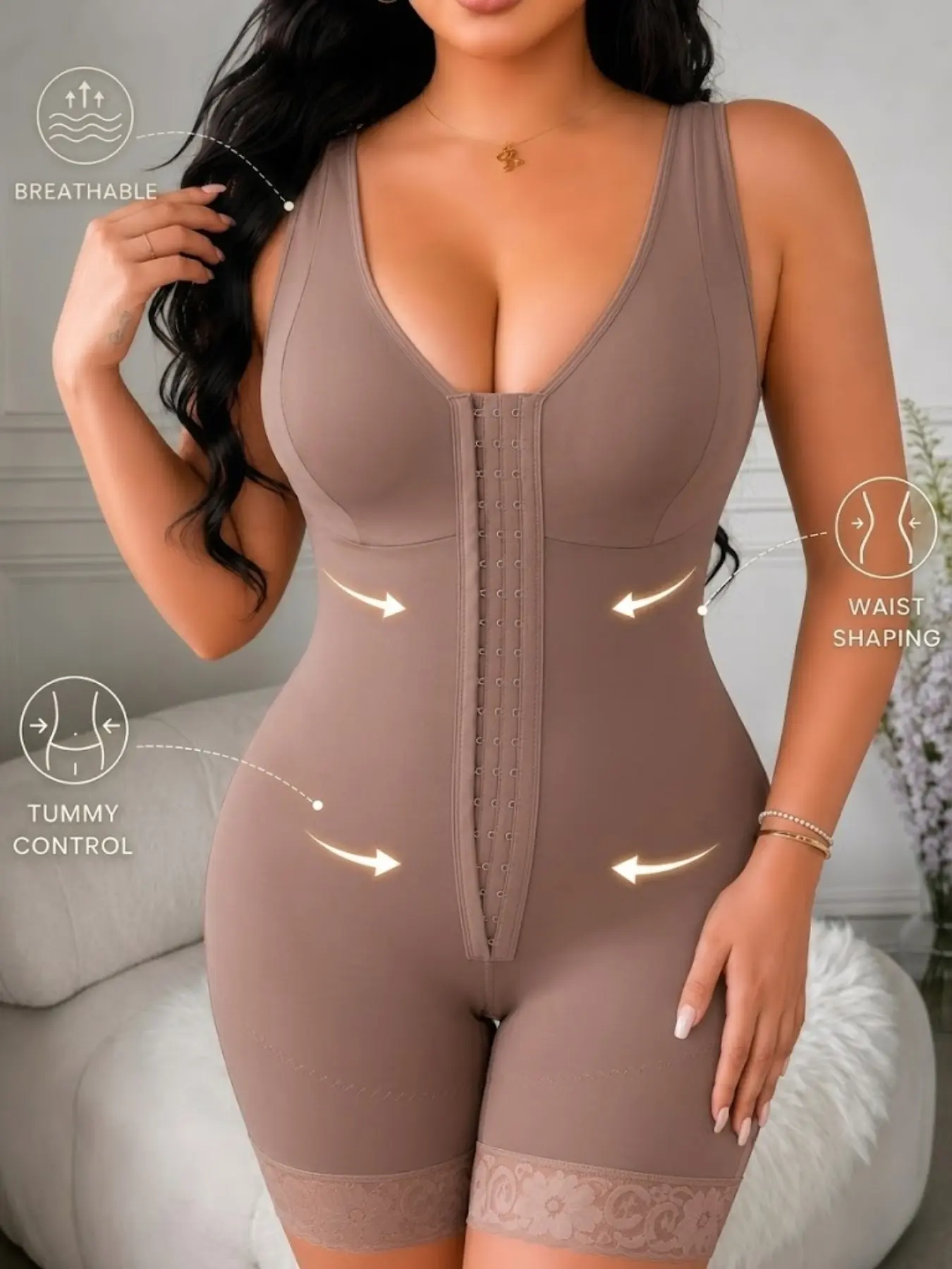 1 Count Women's Underwear Breathable Contouring Body Shaperwear, Colombian Shapewear, Fajas, Three-Row Hook Closure Tummy Body Shaper, Lace Anti-Curl Shapewear Bodysuit, Crotch Zipper Bodysuit, Smooth, Fit, Daily Comfort