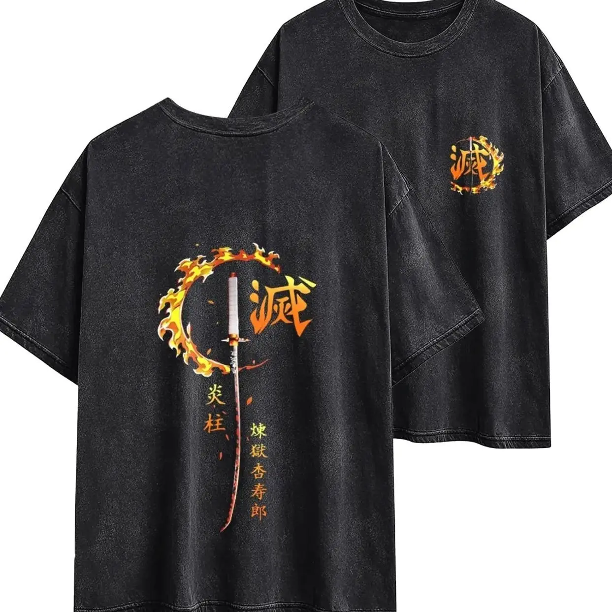 Men's Demon Slayer Kyojuro Rengoku Katana Printed Cotton-Polyester Crew Neck T-Shirt - Anime Fashion, Anime Streetwear, Cute 90s Slayer Style Menswear Streetwear, Soft Twist Seamless, Black with Red Design P0J