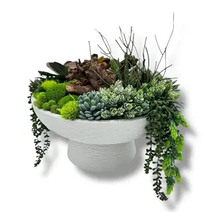 Succulent Design in Off-White Circular Pedestal Ceramic Vase | Faux Succulent Floral Arrangement for Desk or Living Room Decor | Centerpiece Flowers