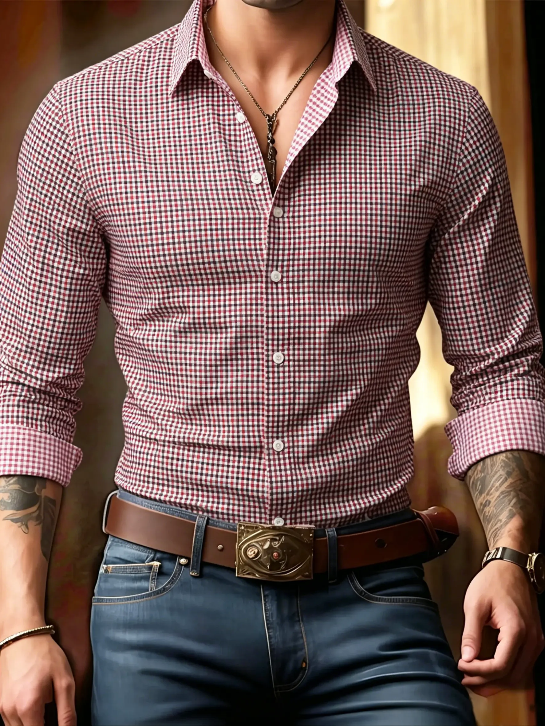 Men's Fashion Checked Shirt - Red & White Checkered Pattern, Casual Slim Fit Long Sleeve Button-Front, for Everyday & Business Wear
