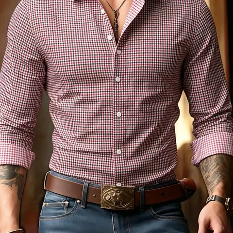 Red Plaid Men's Casual Slim-Fit Long-Sleeve Button-Front Top, Red & White Checkered Shirt for Everyday & Business Wear