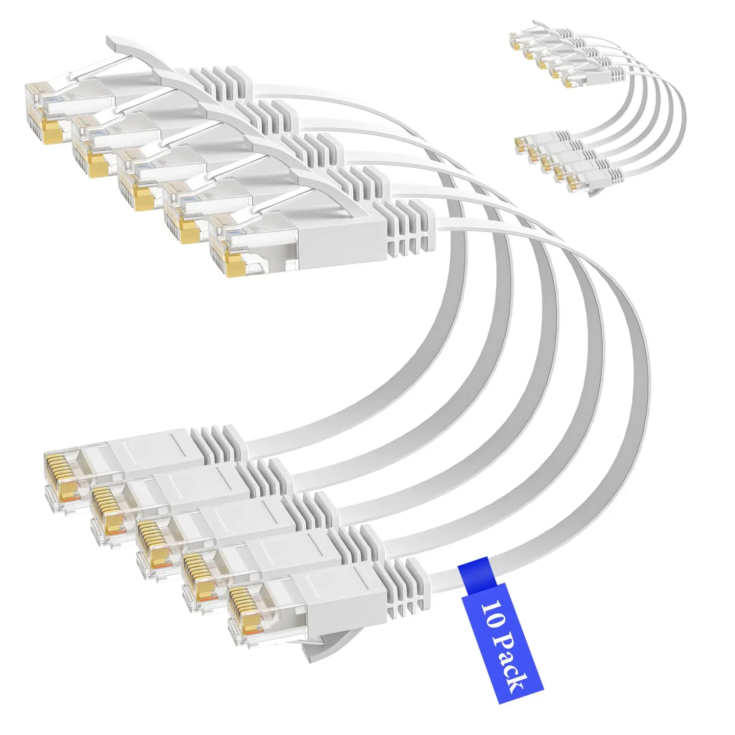 Cat 6 Flat Ethernet Cable 0.6 Ft/10 Pack, High Speed Slim Short Patch Cables Internet Cables, 30 AWG Pure Copper 10Gbps 500MHz,Thin Flexible for POE Cat6 Cat 5e Cat 5 Network Cable Cord-White