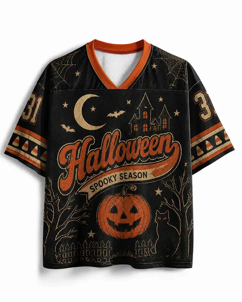 Custom Halloween Spooky Season Mesh Jersey– Personalized Vintage Football Shirt, ClassicAthletic Sportswear, Breathable Lightweight Mesh Fabric, Moisture-Wicking Quick-Dry Game Day Jersey, Casual Streetwear for Halloween