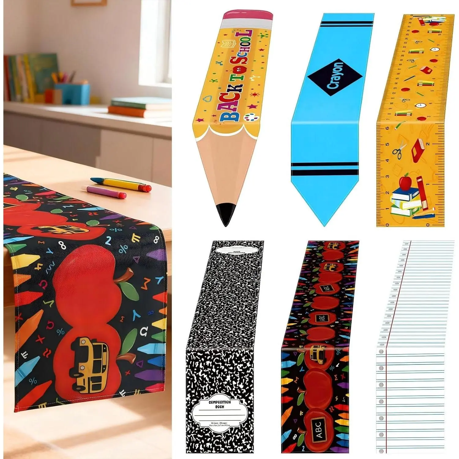 Hahafelt 6 Pcs Durable Rustic Prints Rectangle Linen Crayon Table Runner - 72x13 in, Easy to Clean, Indoor First Day School Decor for Preschool Classroom, Dining & Entryway Tables
