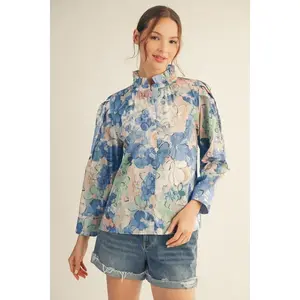 Jodifl 3/4 Sleeve Ruffle Neckline Floral Print Button Down Top