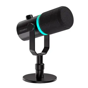 FEELWORLD PM1 XLR USB Dynamic Microphone with Desktop Stand for Podcast Recording PC Computer Gaming Live Streaming Vocal Voice-Over, Studio Metal Mic, RGB Light, Mute Button, Headphones Jack