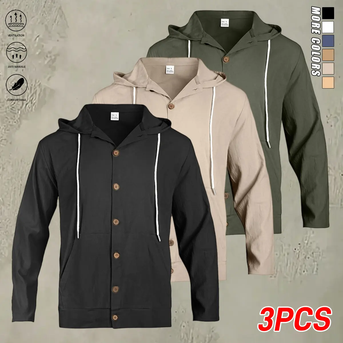 Men's 3-Piece Hooded Linen Shirt Set, Casual Loose Fit Plain Long Sleeve Button-Ups for Summer Beach Wear, Menswear, Longsleeves, Button Front, Casual Basic, Outdoor, Hooded Neck, Clothes