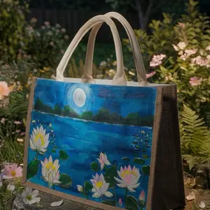 Hand-Painted Lotus Night Jute Bag