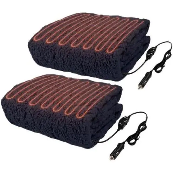Stalwart 2-Pack 12V AUX Plug Rectangular Sherpa Fleece Heated Car Blanket - Portable Plug-In Electric Travel Throw (57x39in), 2 Heat Settings, Fast Heating for Car Commuters, Tailgating, Two Packs