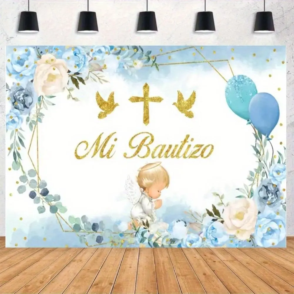 Elegant Blue-Golden Polyester Christening Angel Backdrop - Floral Print, Attached Flowers, Serene Illustration for Baptism Portraits, Wedding Arch, Photo, Wishing Banner, Birthday Decor