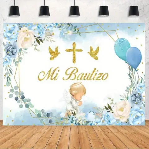 Elegant Blue-Golden Polyester Christening Angel Backdrop - Floral Print, Attached Flowers, Serene Illustration, Indoor Wedding Arch Backdrop for Ceremony Portrait Photo, Angel Scene Framing