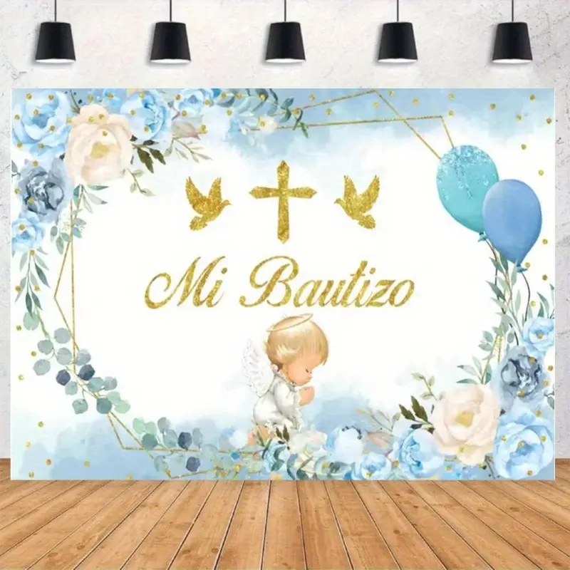 Elegant Blue-Golden Polyester Christening Angel Backdrop - Floral Print, Attached Flowers, Serene Illustration, Indoor Wedding Arch Backdrop for Ceremony Portrait Photo, Angel Scene Framing