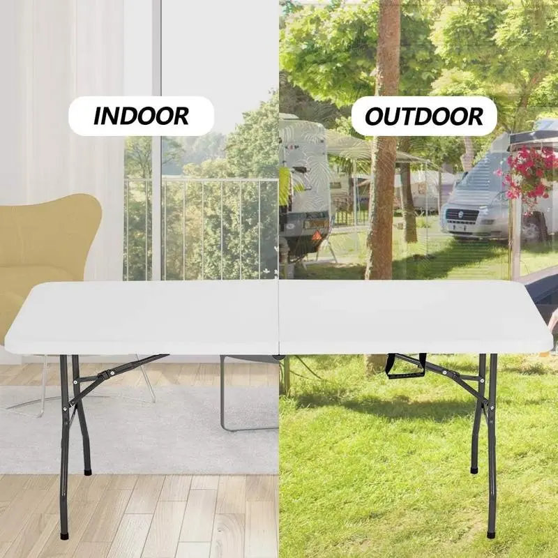 6FT Plastic Folding Table White Straight Legs Fold-in-Half Height Adjustable for Outdoor Indoor Camping Kitchen & Beach Party Space Saving Versatile Use